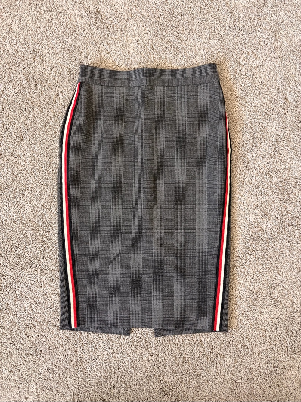 Express Gray Plaid Pencil Skirt with Red and White Side Stripes